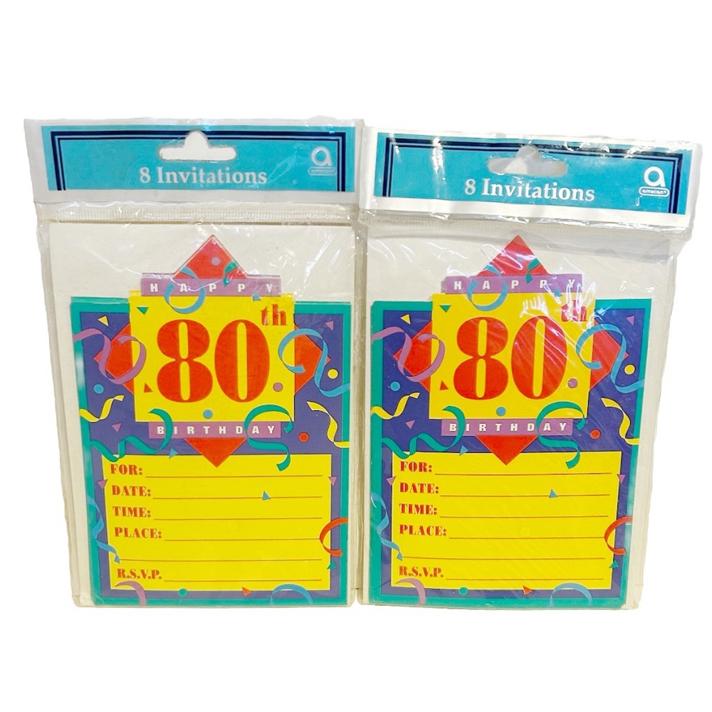 Vintage Happy 80th Birthday Party Invitations and Envelopes 2 Packs Colourful